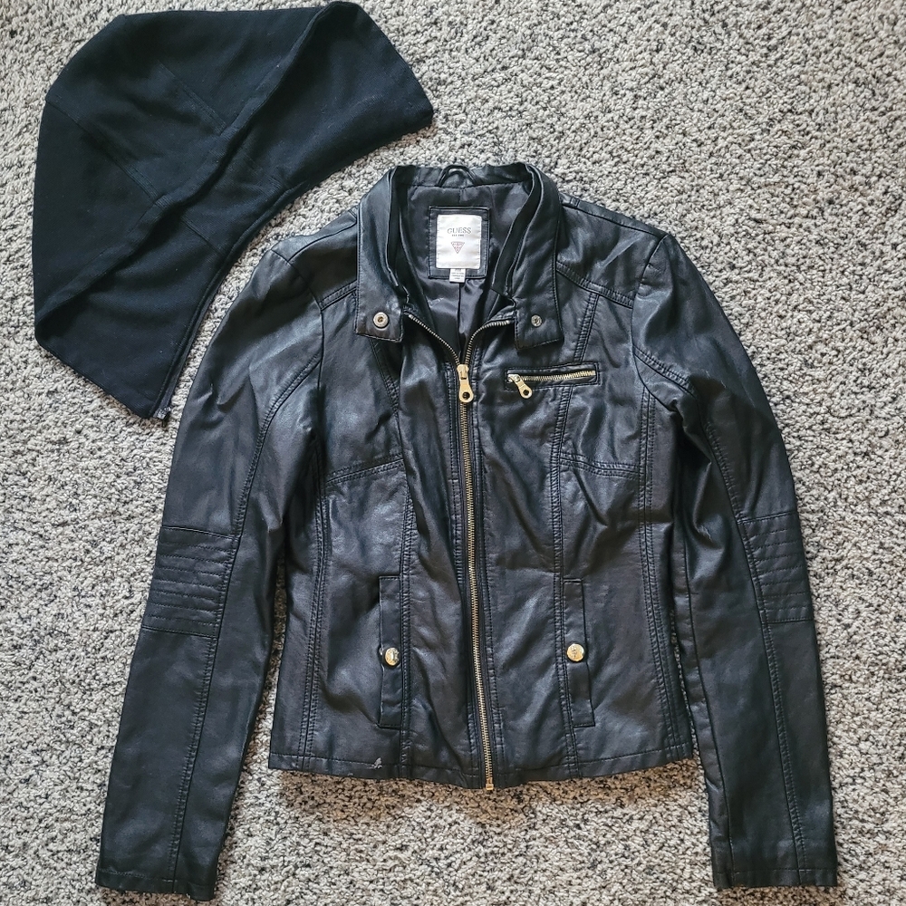 GUESS Faux Leather Moto Jacket with Detachable Hood
